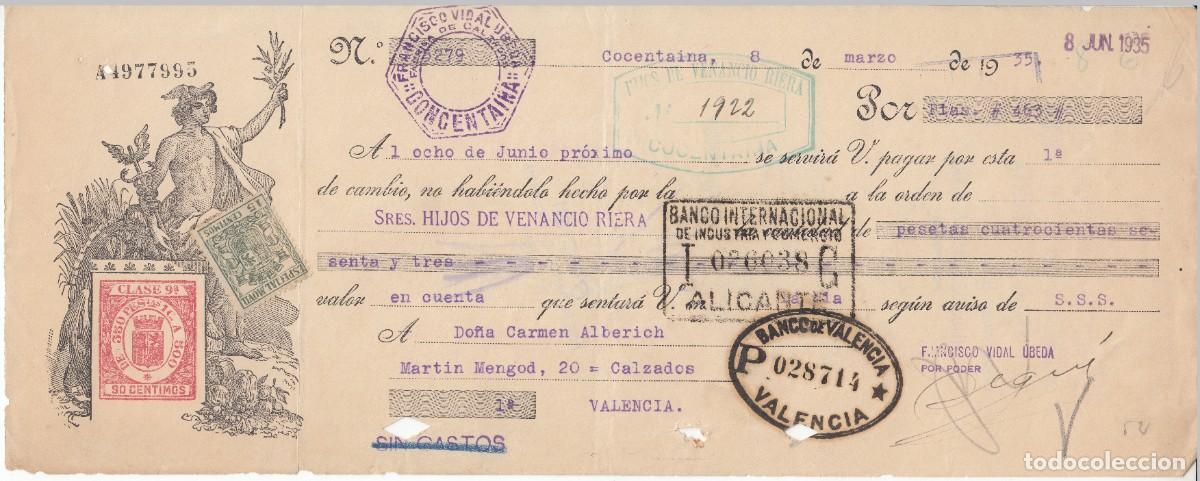 Documentos bancarios: 1935 CONCENTAINA (ALICANTE). LETRA DE CAMBIO CLASE 9&ordf; 90 CTS FCO VIDAL UBEDA, HIJOS VENANCIO RIERA