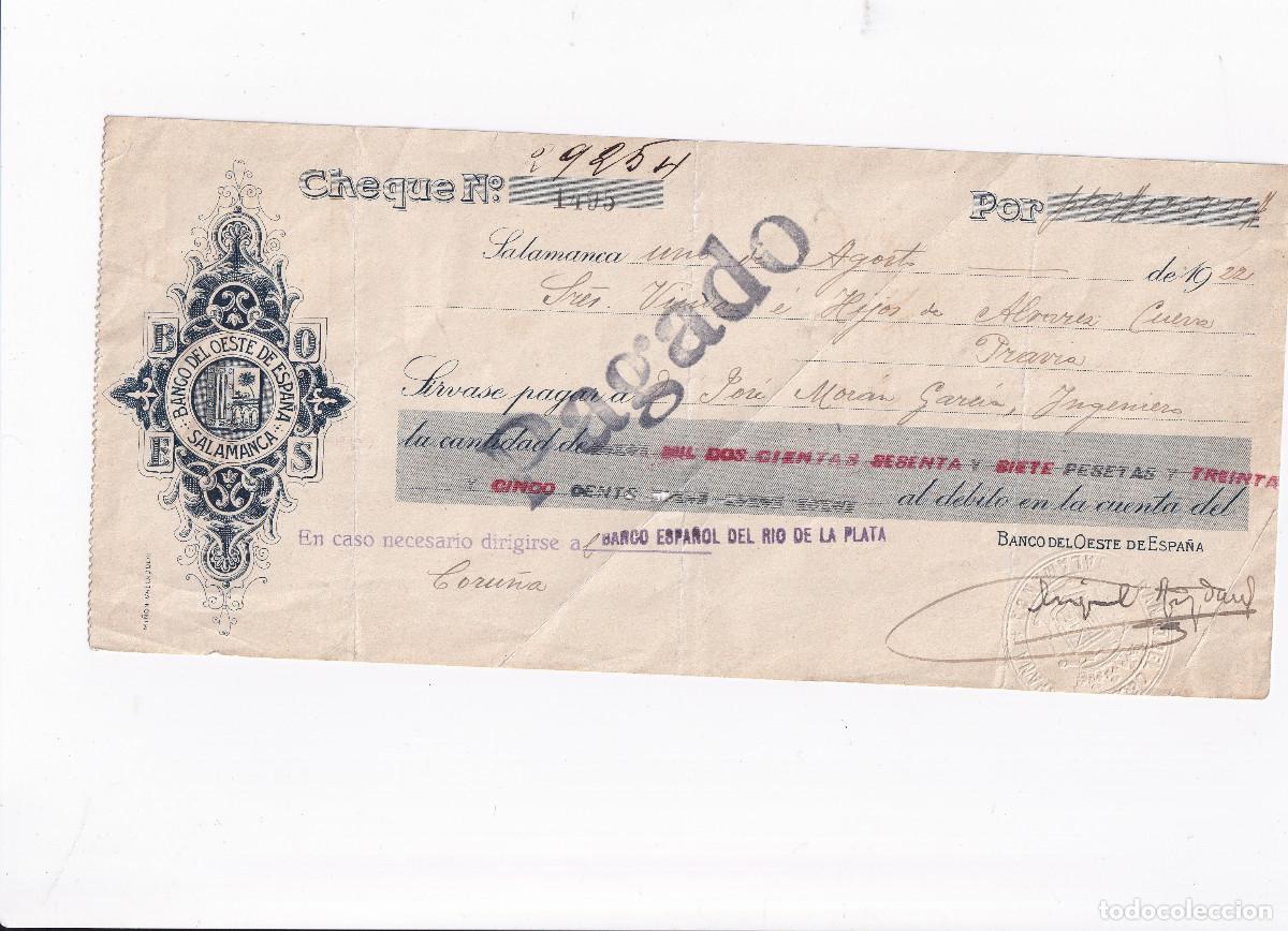 Documentos bancarios: BANCO DEL OESTE DE ESPA&Ntilde;A SALAMANCA. CHEQUE - Foto 1