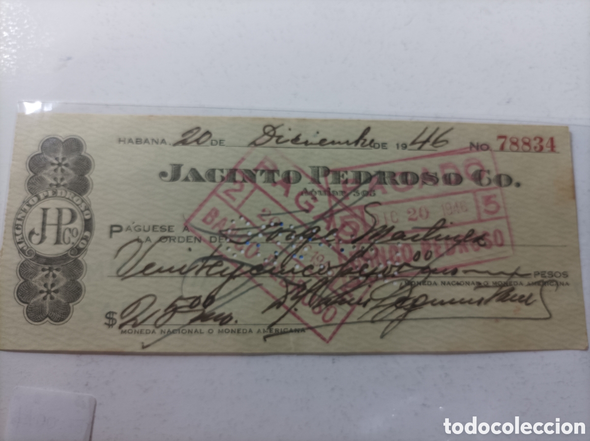 Documentos bancarios: Cuba,cheque banco de jacinto pedroso,a&ntilde;o 1946. - Foto 1