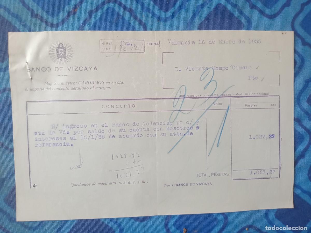 Documentos bancarios: Banco de Vizcaya en Valencia. 1935 - Foto 1