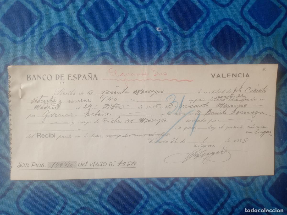 Documentos bancarios: Recib&iacute; del Banco de Espa&ntilde;a en Valencia 1935 - Foto 1