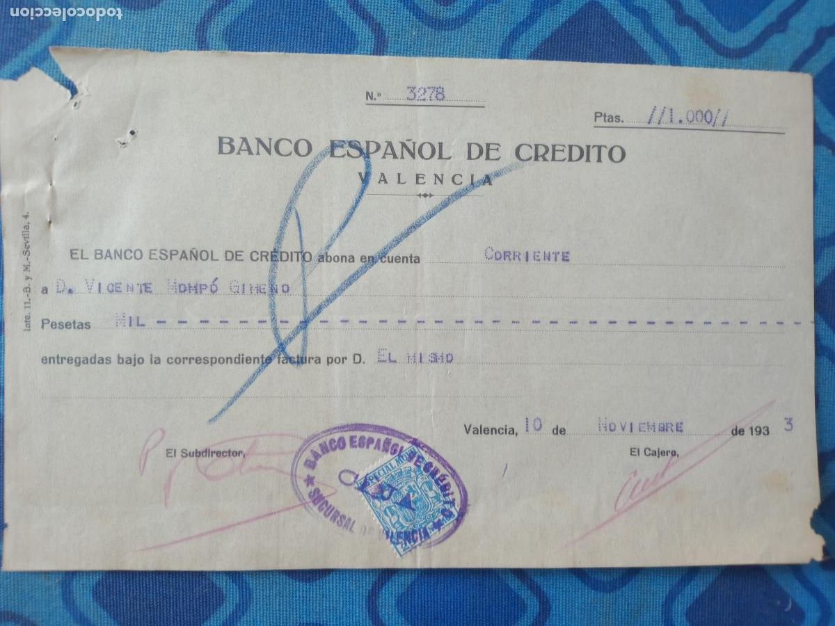Documentos bancarios: Banco Espa&ntilde;ol de Cr&eacute;dito. Valencia 1933 - Foto 1