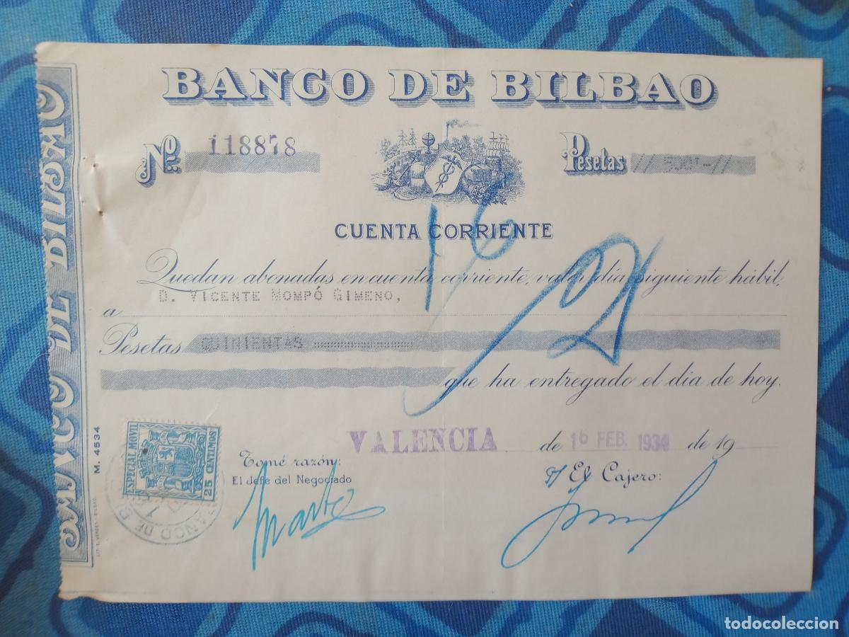 Documentos bancarios: Banco de Bilbao. Valencia 1934 - Foto 1