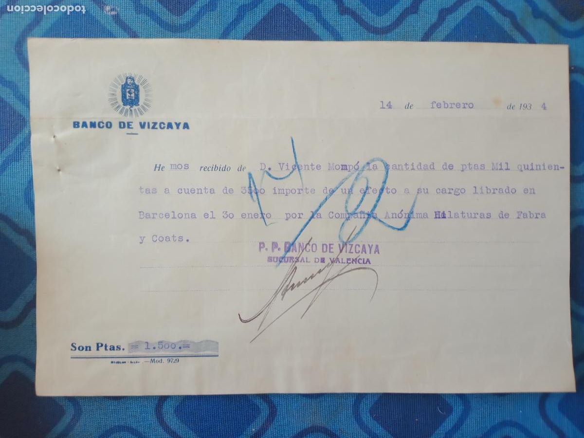 Documentos bancarios: Banco de Vizcaya. Valencia 1934 - Foto 1