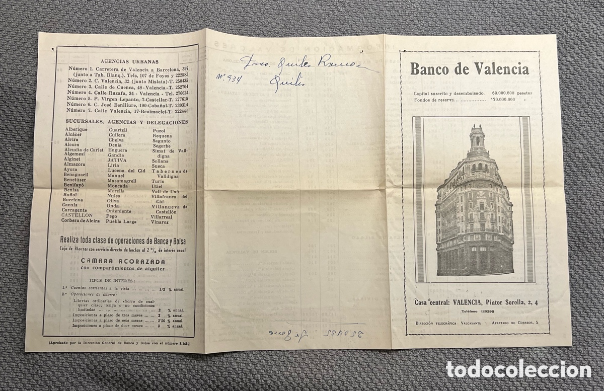 Documentos bancarios: BANCO DE VALENCIA. Tr&iacute;ptico, Informaci&oacute;n de Valores (a.1959) - Foto 3