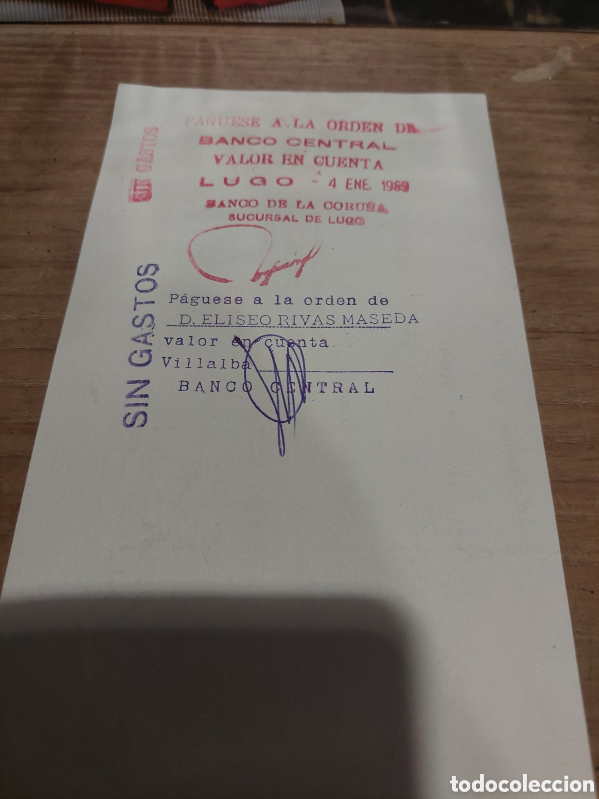 Documentos bancarios: LETRA CAMBIO 6 PTAS BANCO CORU&Ntilde;A 1968 - Foto 2