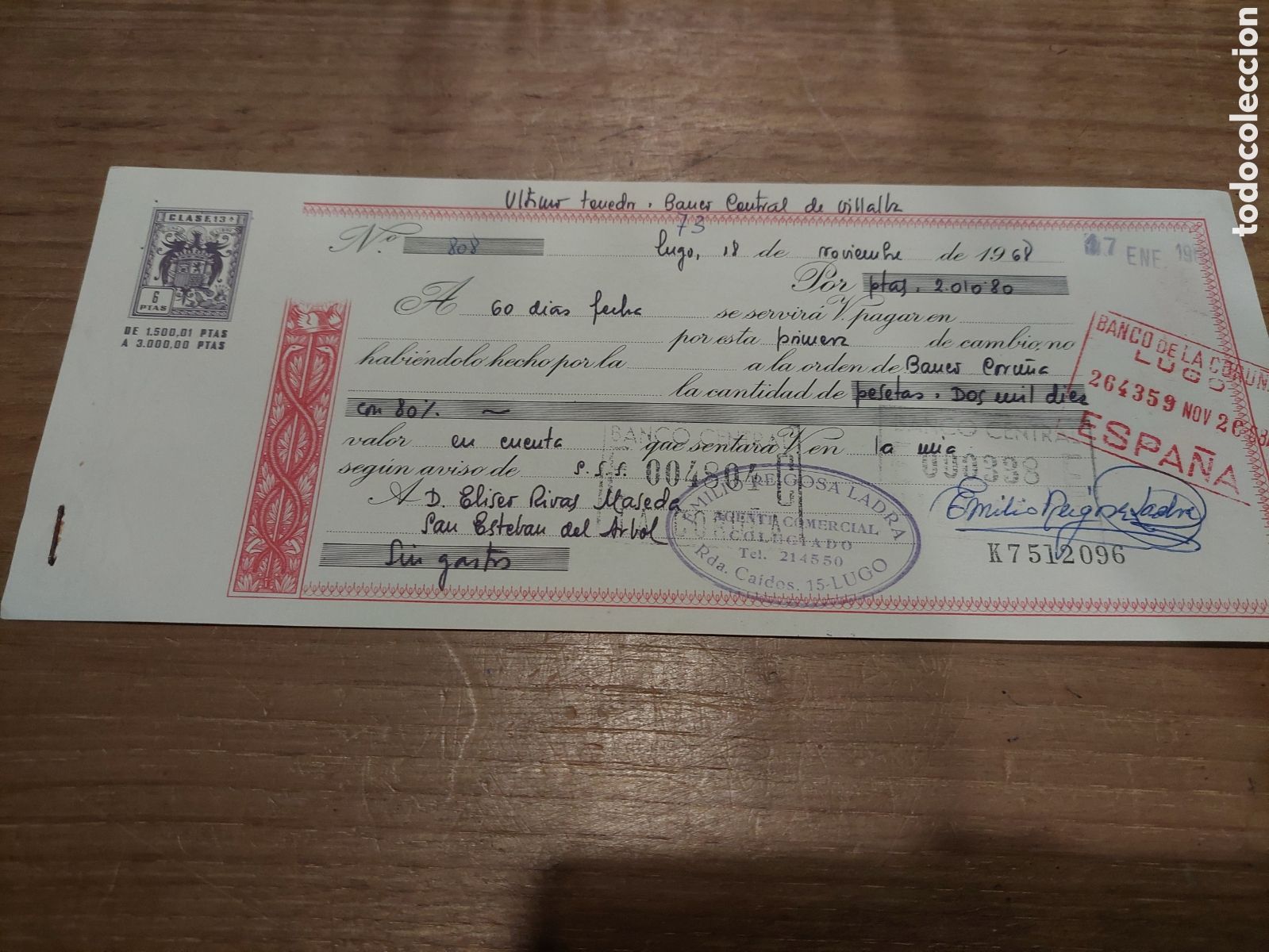 Documentos bancarios: LETRA CAMBIO 6 PTAS BANCO CORU&Ntilde;A 1968 - Foto 1