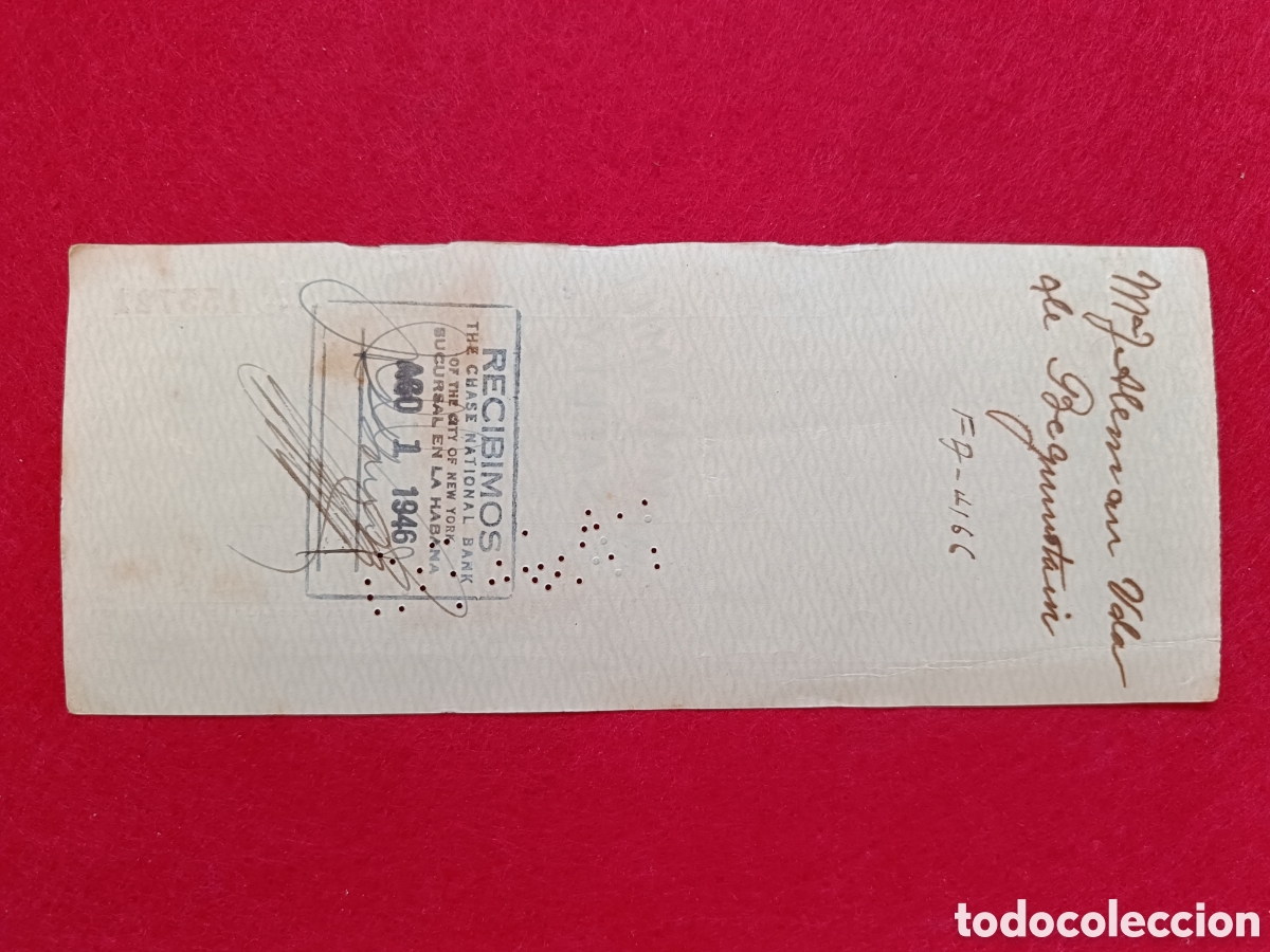 Documentos bancarios: Cheque Jacinto Pedroso Co. Aguiar 305. A&ntilde;o 1946. Cuba - Foto 2