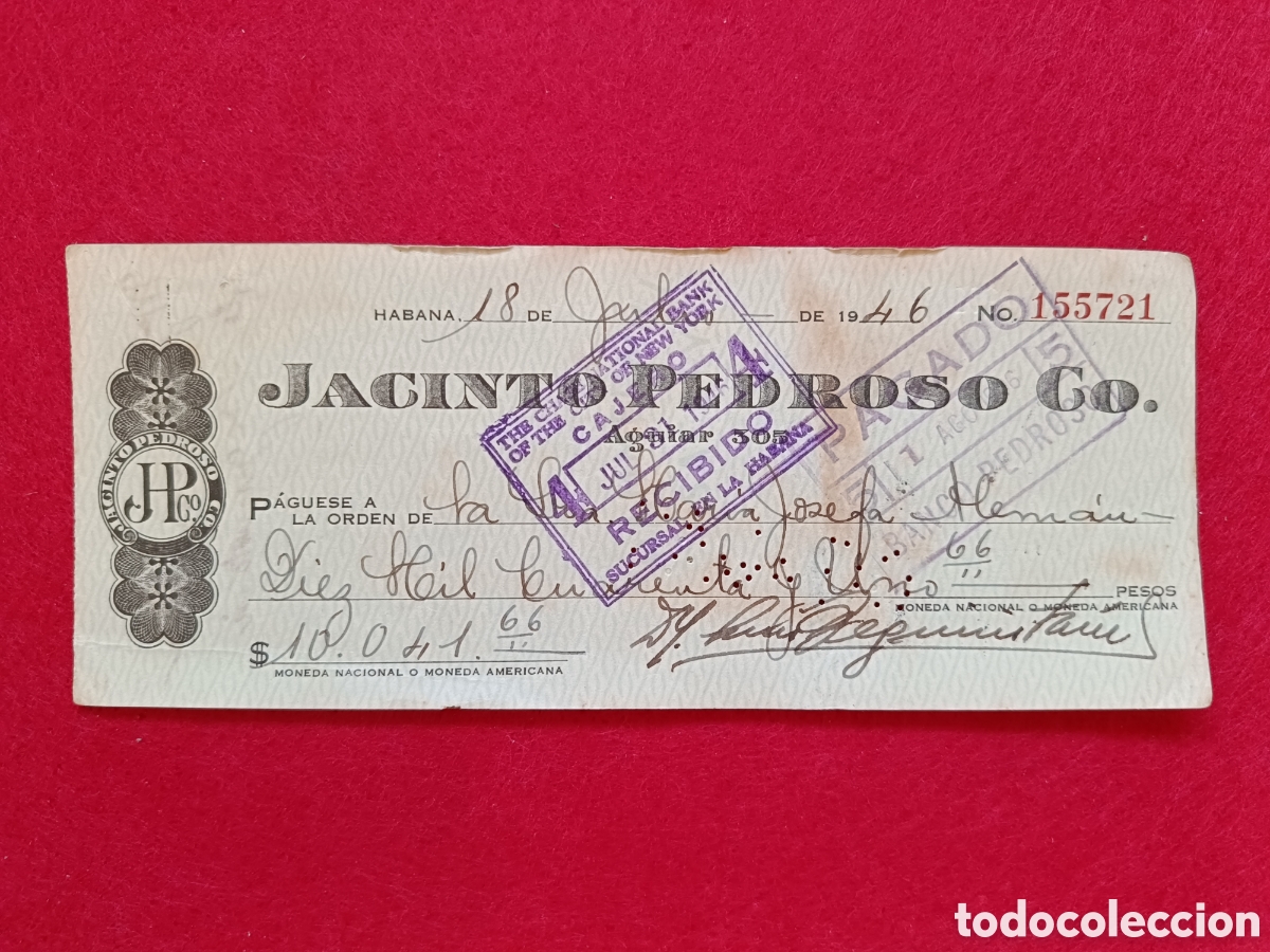 Documentos bancarios: Cheque Jacinto Pedroso Co. Aguiar 305. A&ntilde;o 1946. Cuba - Foto 1
