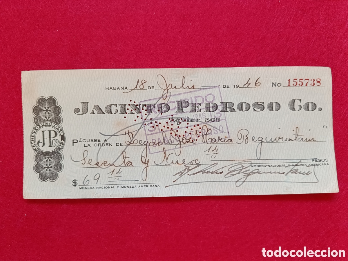 Documentos bancarios: Cheque Jacinto Pedroso Co. Aguiar 305. A&ntilde;o 1946. Cuba - Foto 1