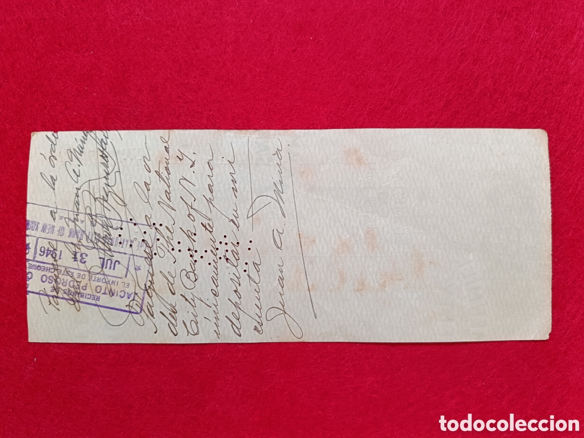 Documentos bancarios: Cheque Jacinto Pedroso Co. Aguiar 305. A&ntilde;o 1946. Cuba - Foto 2