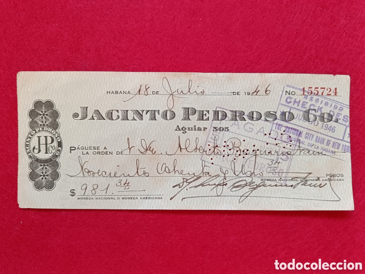 Documentos bancarios: Cheque Jacinto Pedroso Co. Aguiar 305. A&ntilde;o 1946. Cuba - Foto 1