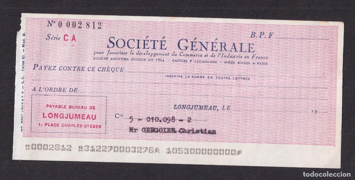 Documentos bancarios: cheque de la &rdquo;Soci&eacute;t&eacute; G&eacute;n&eacute;rale &rdquo;sin emitir ,1966 Francia - Foto 1