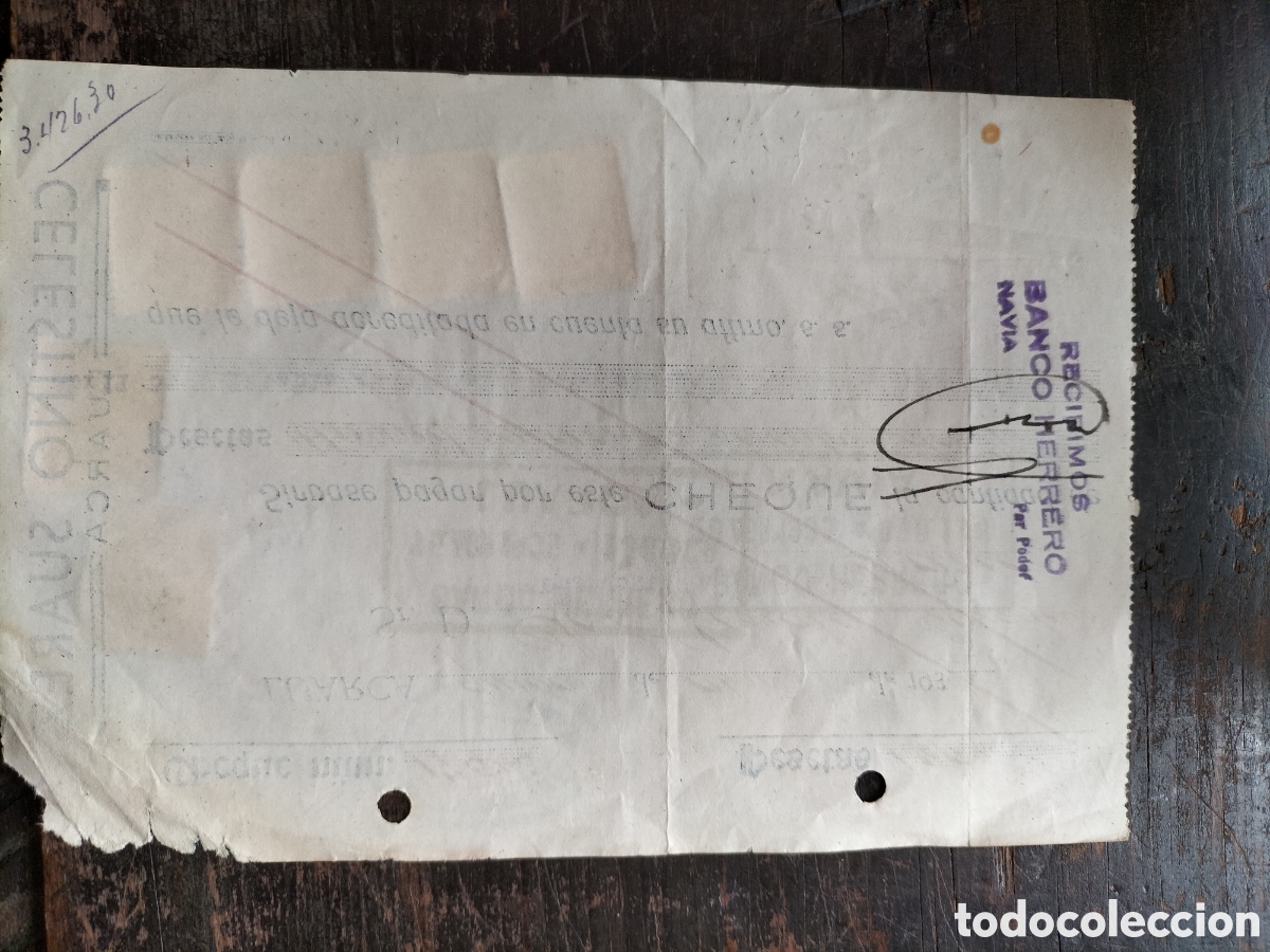 Documentos bancarios: Luarca. Cheque de 1935. Celestino Su&aacute;rez. - Foto 2