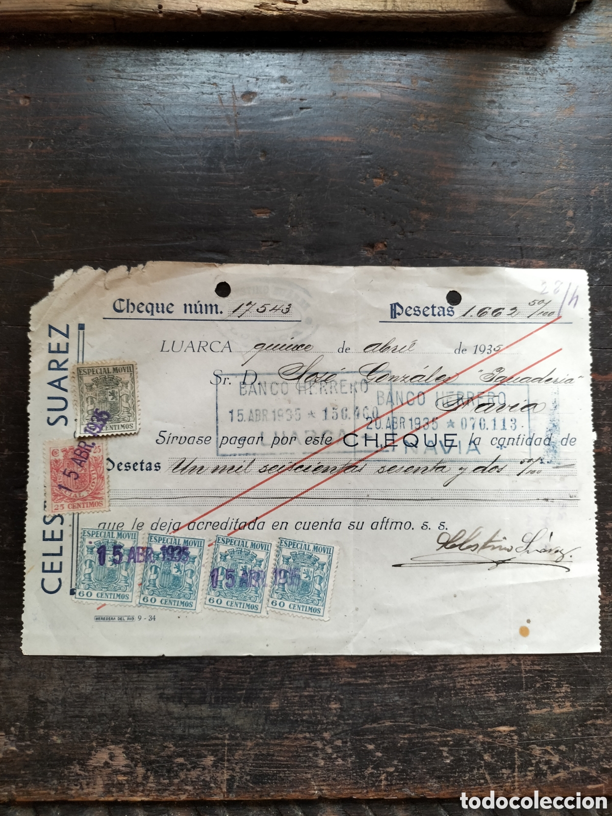 Documentos bancarios: Luarca. Cheque de 1935. Celestino Su&aacute;rez. - Foto 3