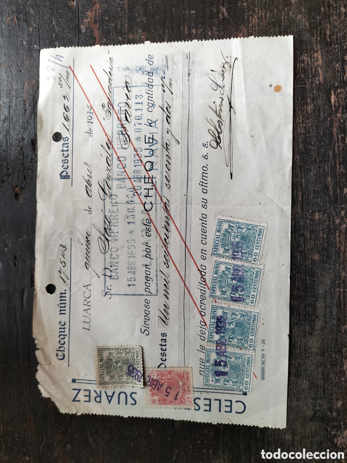 Documentos bancarios: Luarca. Cheque de 1935. Celestino Su&aacute;rez. - Foto 1