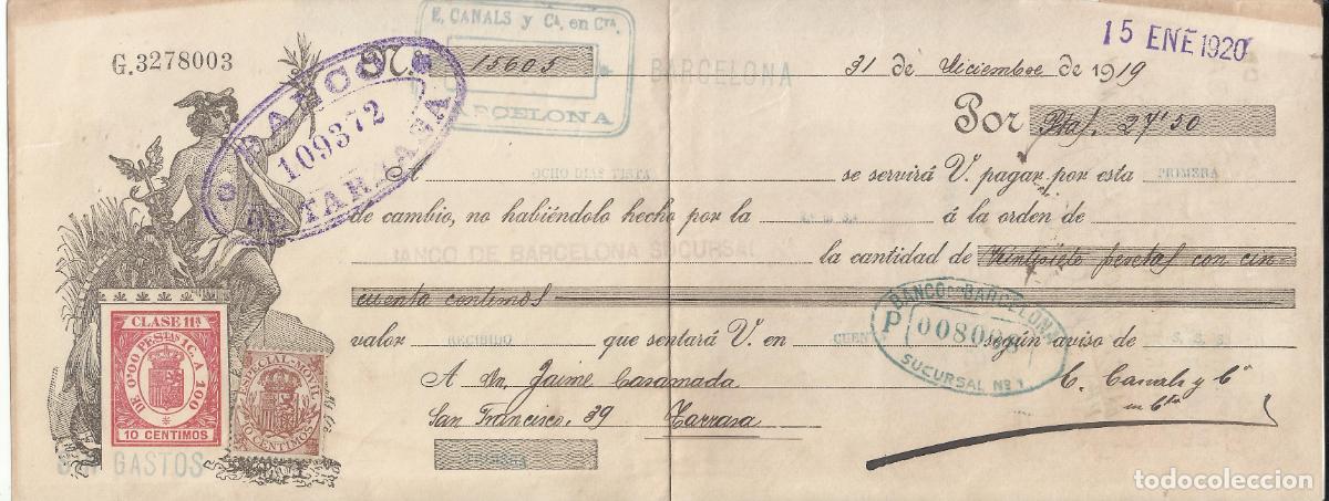 Documentos bancarios: letra 1919 de banco de barcelona al de tarrasa - Foto 1