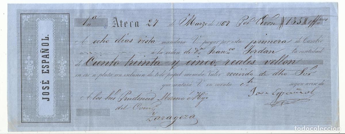 Documentos bancarios: letra de cambio 1867 de ateca a zaragoza - Foto 1
