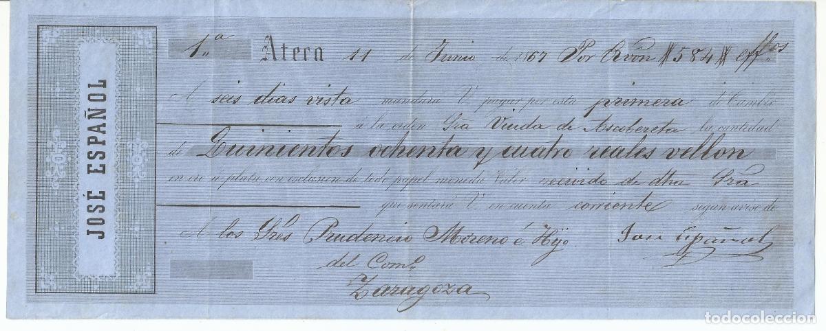 Documentos bancarios: letra de cambio 1867 de ateca a zaragoza - Foto 1
