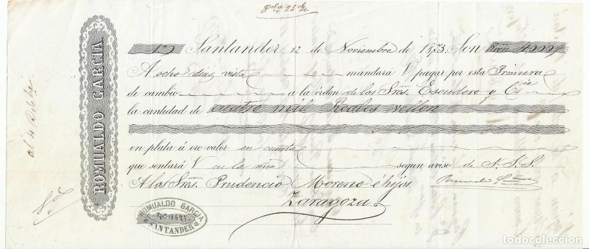 Documentos bancarios: letra de cambio 1873 de santander a zaragoza - Foto 1