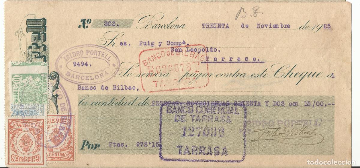 Documentos bancarios: CHEQUE EMITIDO 1925 EN BARCELONA PARA TARRASA - Foto 1