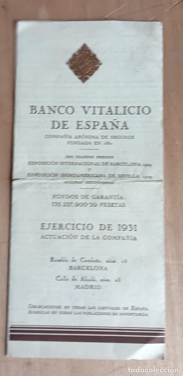Documentos bancarios: BANCO VITALICIO DE ESPA&Ntilde;A -- Ejercicio de 1931 - Foto 1