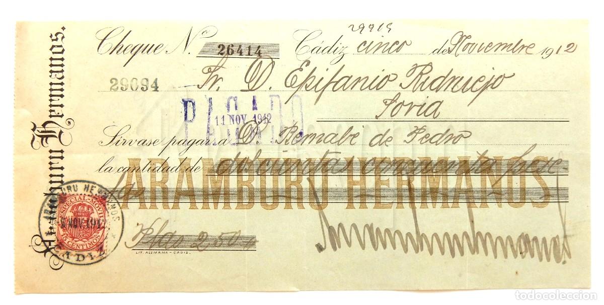 Documentos bancarios: CHEQUE ARAMBURU HERMANOS C&Aacute;DIZ A&Ntilde;O 1912 - Foto 1
