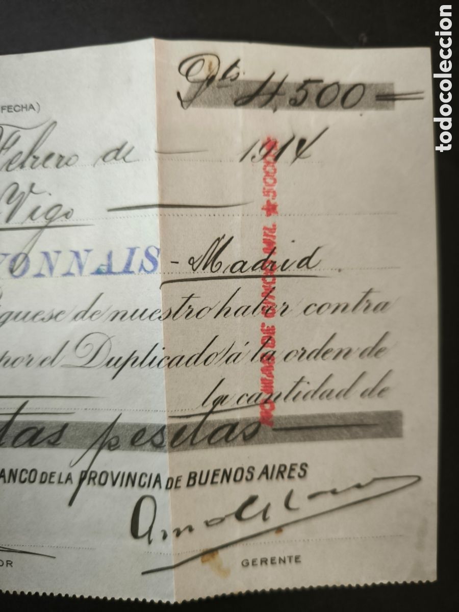 Documentos bancarios: Cheque. Buenos Aires, a&ntilde;o 1914. Banco de Vigo. - Foto 3