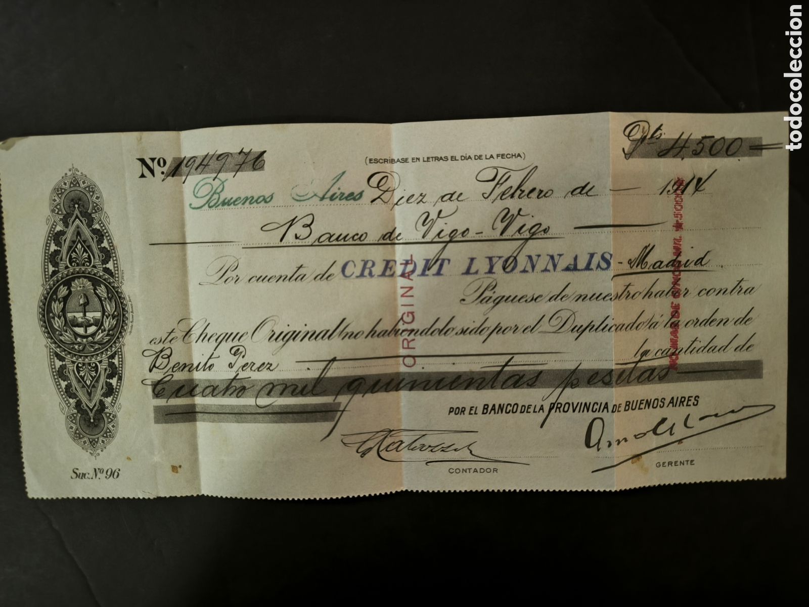 Documentos bancarios: Cheque. Buenos Aires, a&ntilde;o 1914. Banco de Vigo. - Foto 1