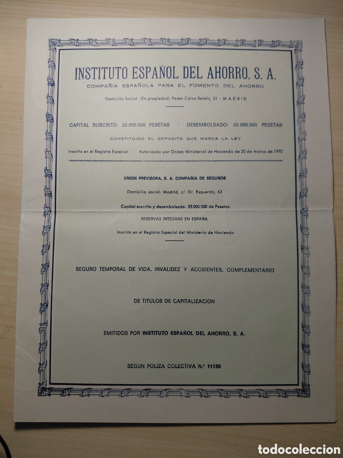 Documentos bancarios: INSTITUTO ESPA&Ntilde;OL DEL AHORRO - DOCUMENTO DE POLIZA A&Ntilde;O 1976 - Foto 2