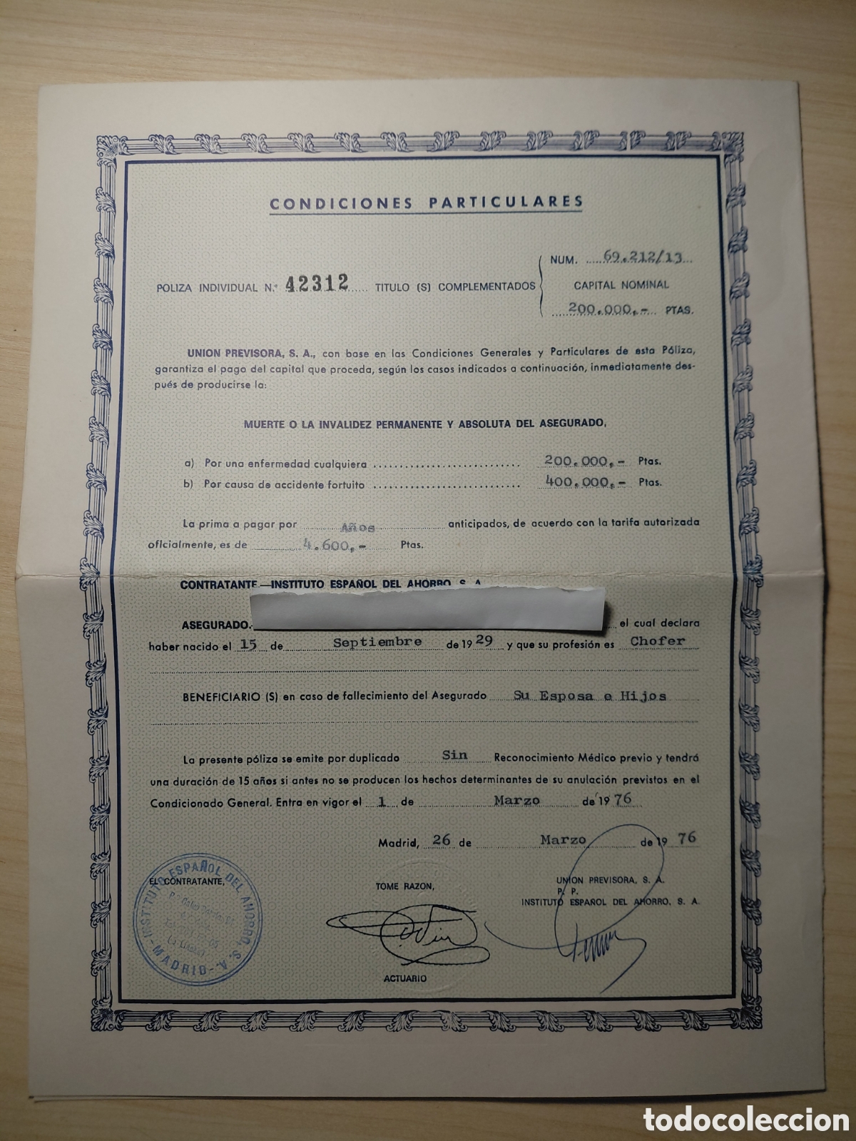Documentos bancarios: INSTITUTO ESPA&Ntilde;OL DEL AHORRO - DOCUMENTO DE POLIZA A&Ntilde;O 1976 - Foto 1