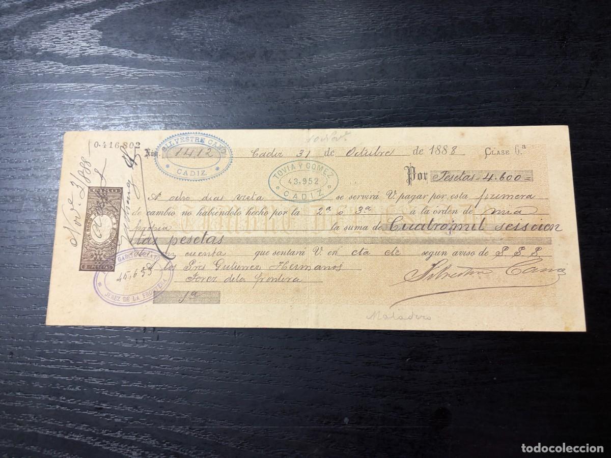 Documentos bancarios: LETRA DE CAMBIO. SILVESTRE CANO. CADIZ, 1888 - Foto 1