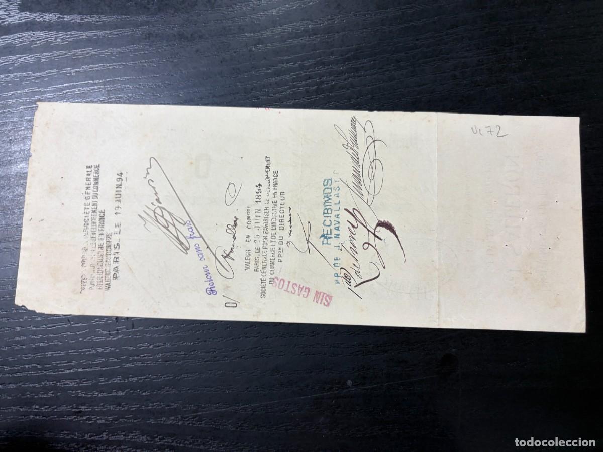 Documentos bancarios: LETRA DE CAMBIO. J. SALLERON. PARIS, 1894 - Foto 2