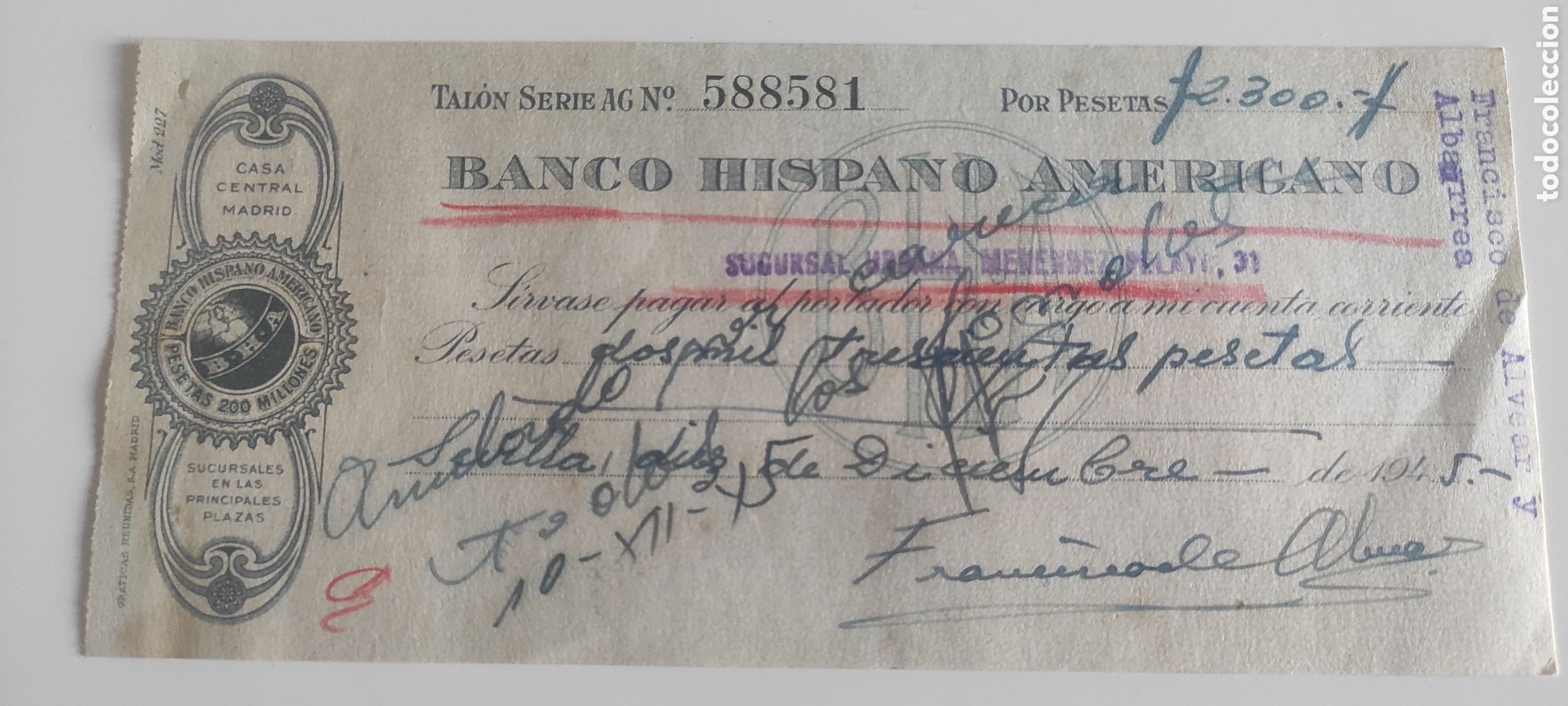 Documentos bancarios: Cheque bancario 1945 - Foto 1