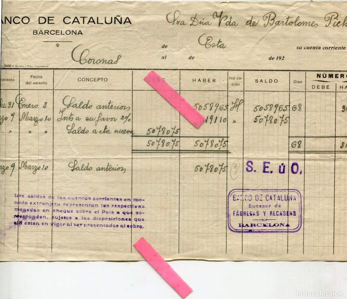 Documentos bancarios: EXTRACTO DEL BANCO DE CATALU&Ntilde;A A&Ntilde;O 1920 - Foto 1