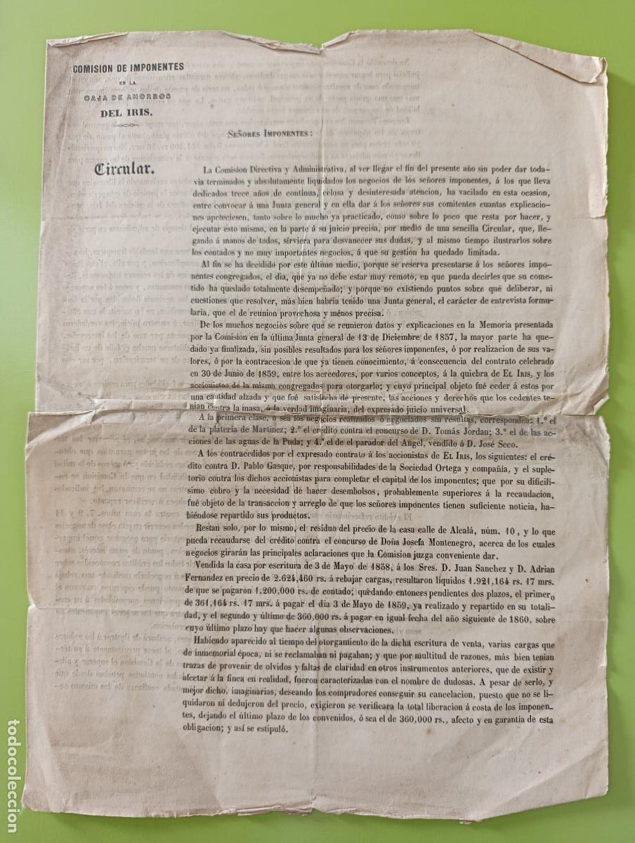 Documentos bancarios: DOCUMENTO BANCARIO. CIRCULAR. COMISI&Oacute;N DE IMPONENTES DE LA CAJA AHORROS DE EL IRIS. 1861 - Foto 1