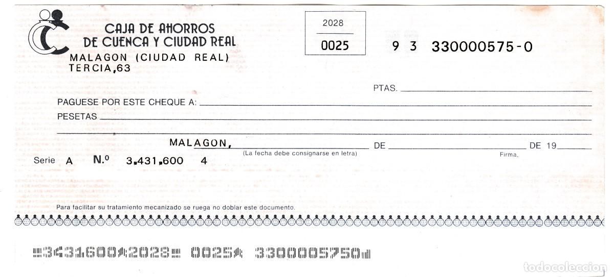 Documentos bancarios: CHEQUE, TALON CAJA DE AHORROS DE CUENCA Y CIUDAD REAL. SIN UTILIZAR, EN BLANCO - Foto 1