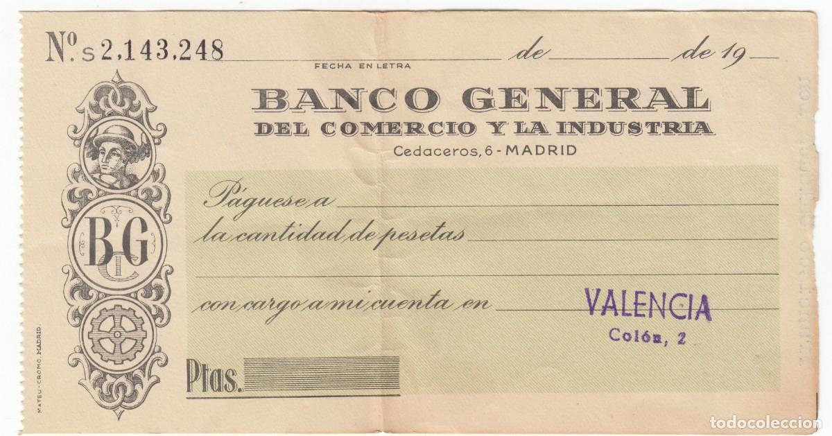 Documentos bancarios: CHEQUE, TALON BANCO GENERAL DEL COMERCIO Y LA INDUSTRIA VALENCIA. EN BLANCO, SIN UTILIZAR - Foto 1