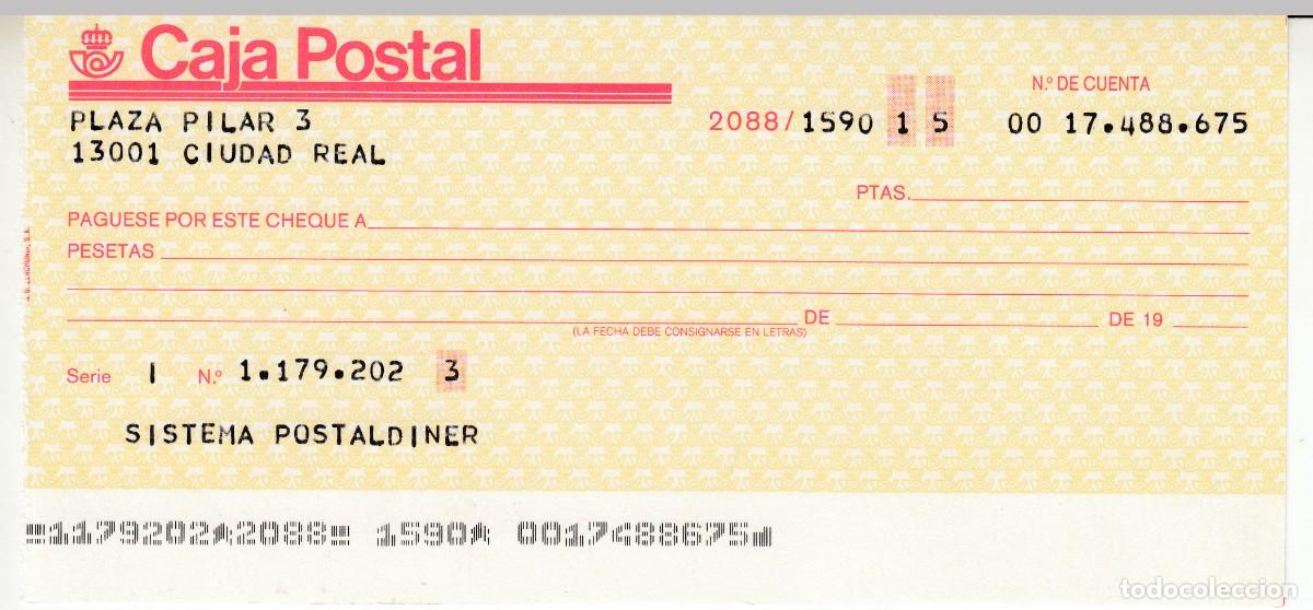 Documentos bancarios: CHEQUE, TALON CAJA POSTAL CIUDAD REAL. EN BLANCO, SIN UTILIZAR - Foto 1
