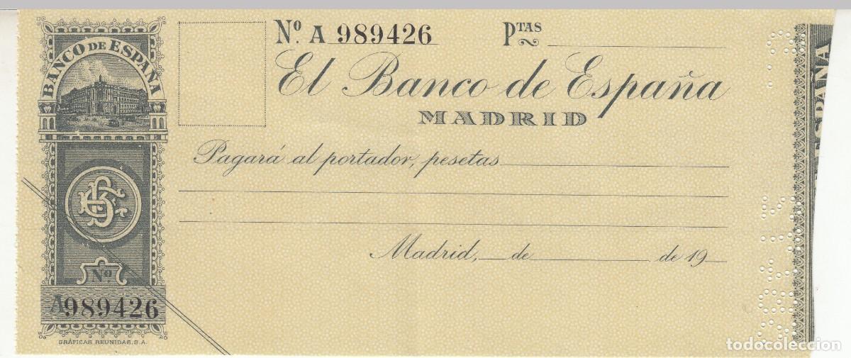 Documentos bancarios: CHEQUE, TALON BANCO DE ESPA&Ntilde;A MADRID. EN BLANCO, SIN UTILIZAR. - Foto 1