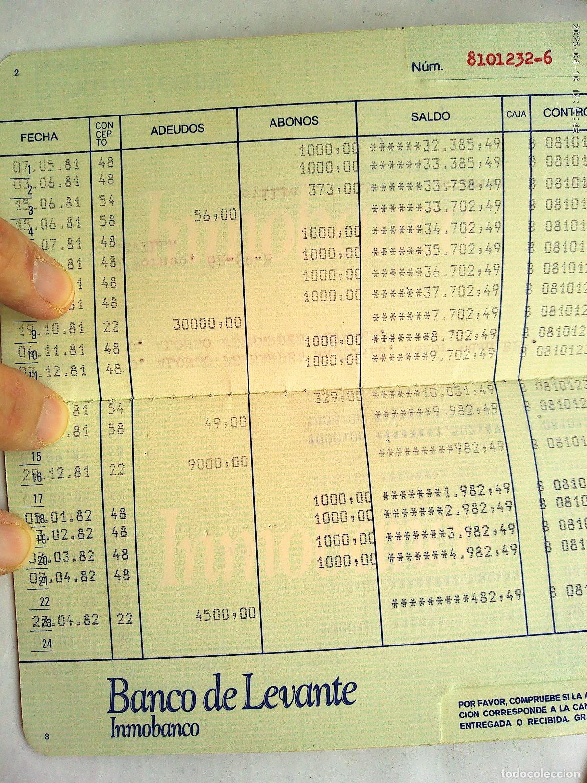 Documentos bancarios: LIBRETA DE AHORROS DEL BANCO DE LEVANTE , INMOBANCO . SEVILLA 1981 - Foto 2