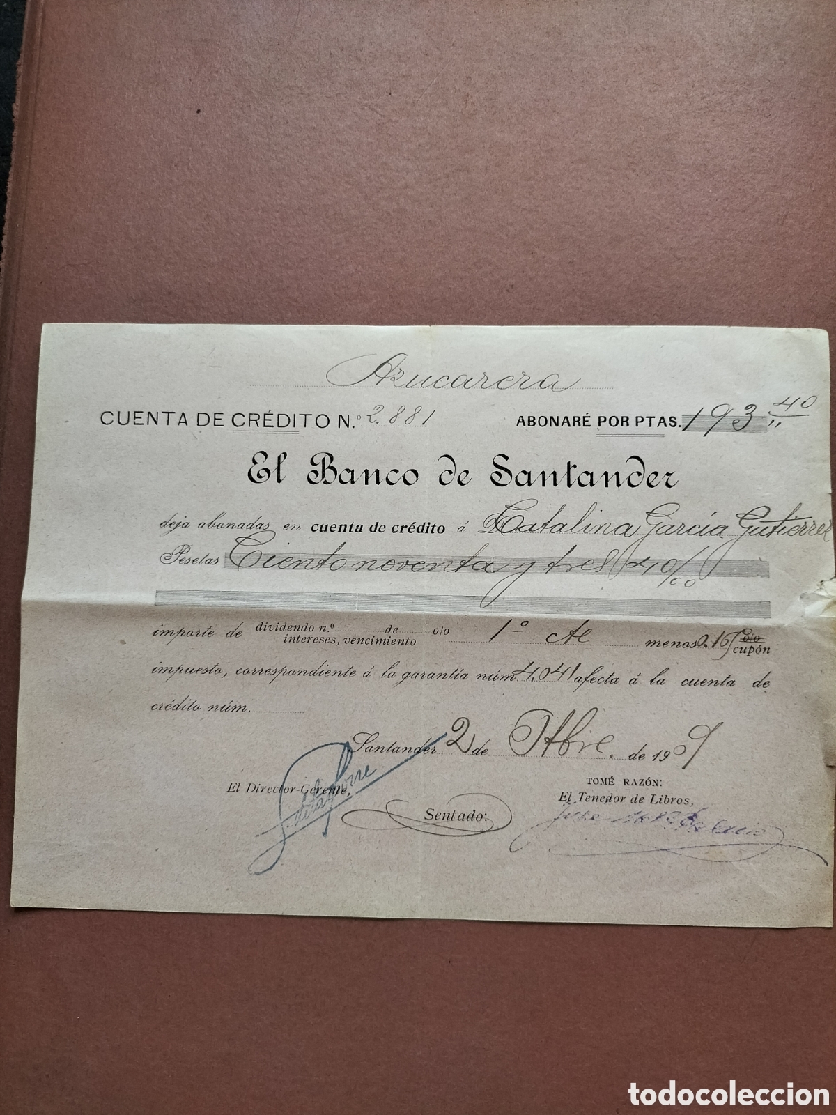 Documentos bancarios: Banco de Santander. Cuenta de Cr&eacute;dito. 1909. - Foto 1