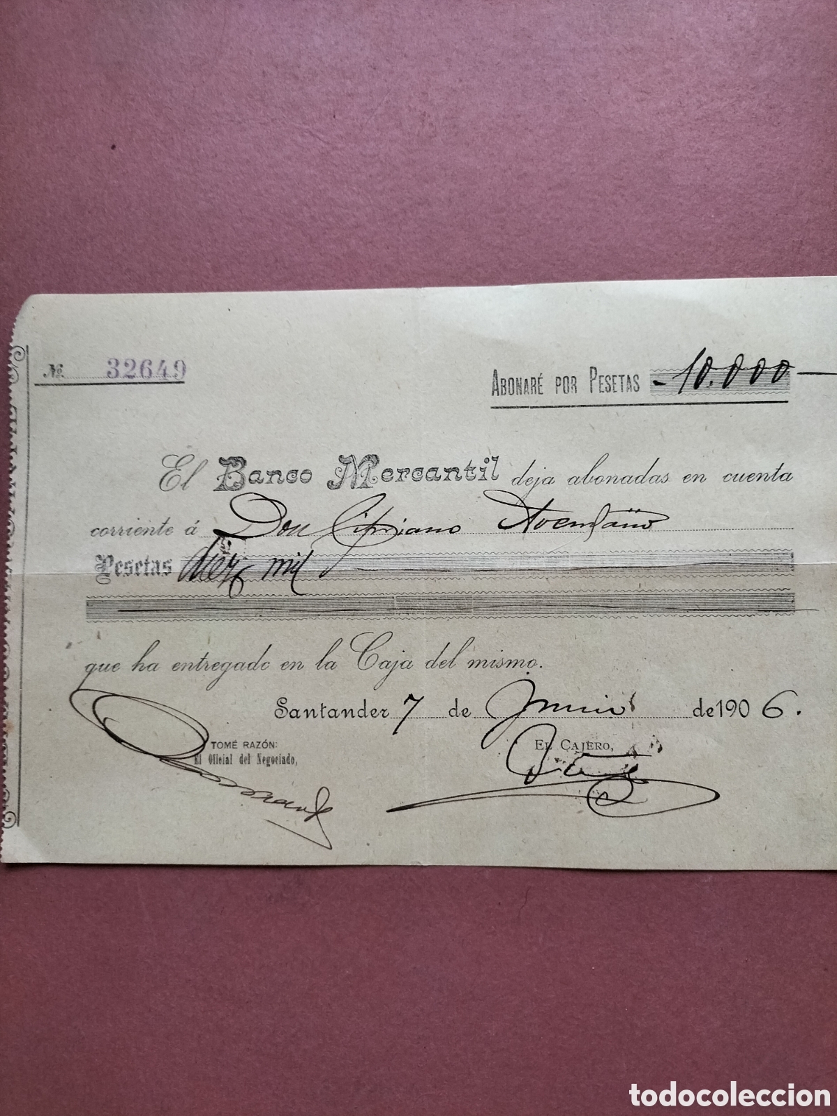 Documentos bancarios: Banco Mercantil. 10.000 ptas. 1906. - Foto 1
