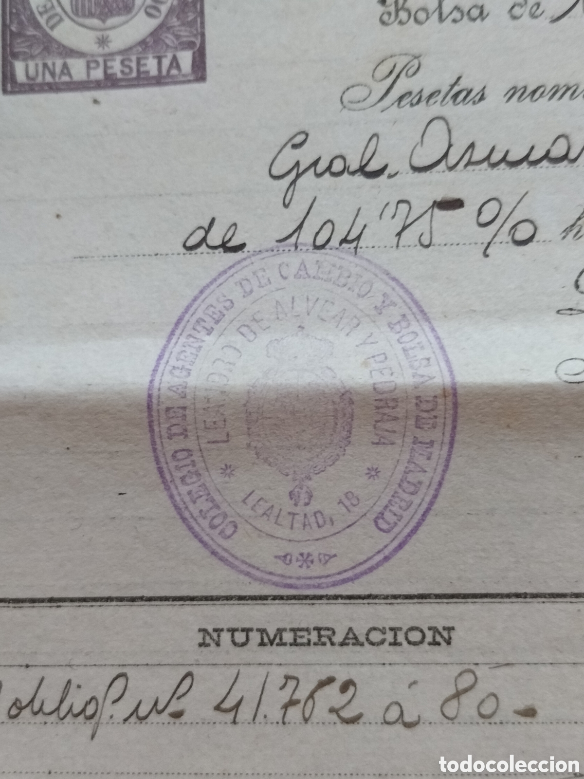 Documentos bancarios: P&oacute;liza de Bolsa por Operaci&oacute;n al Contado. 1908. - Foto 2