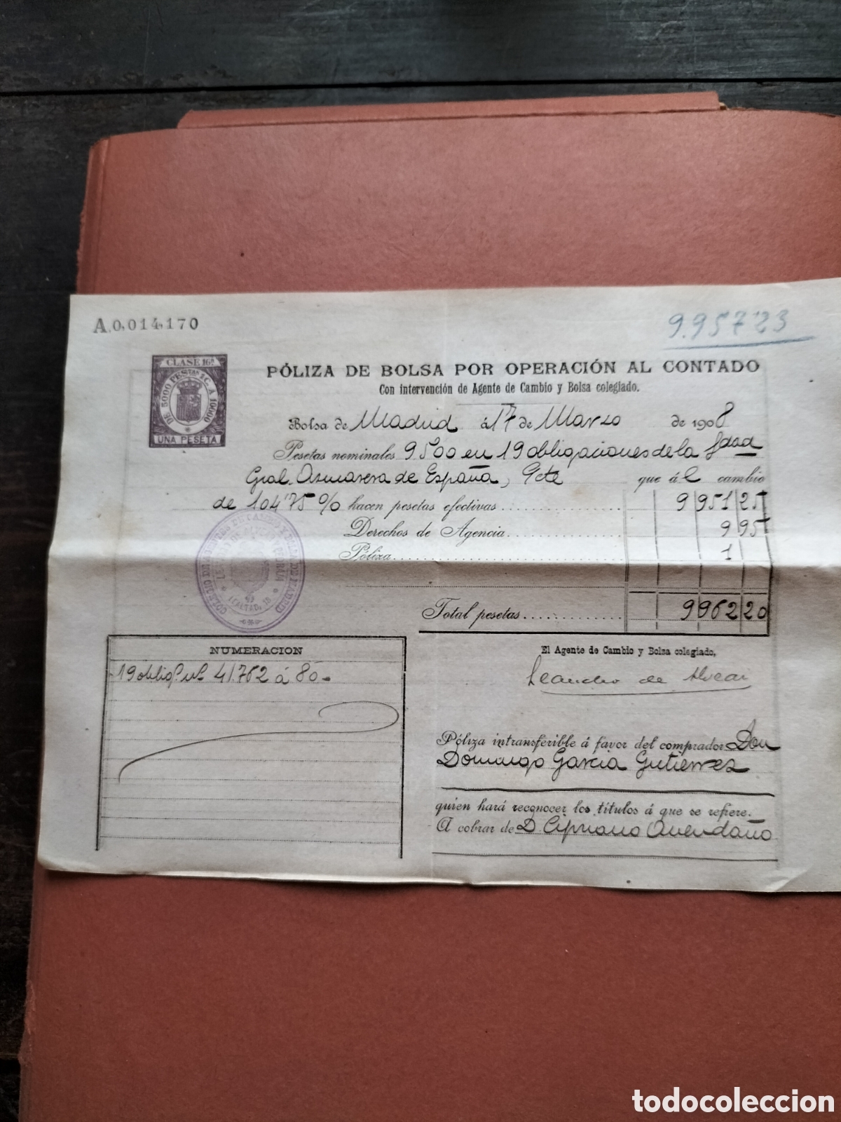 Documentos bancarios: P&oacute;liza de Bolsa por Operaci&oacute;n al Contado. 1908. - Foto 1