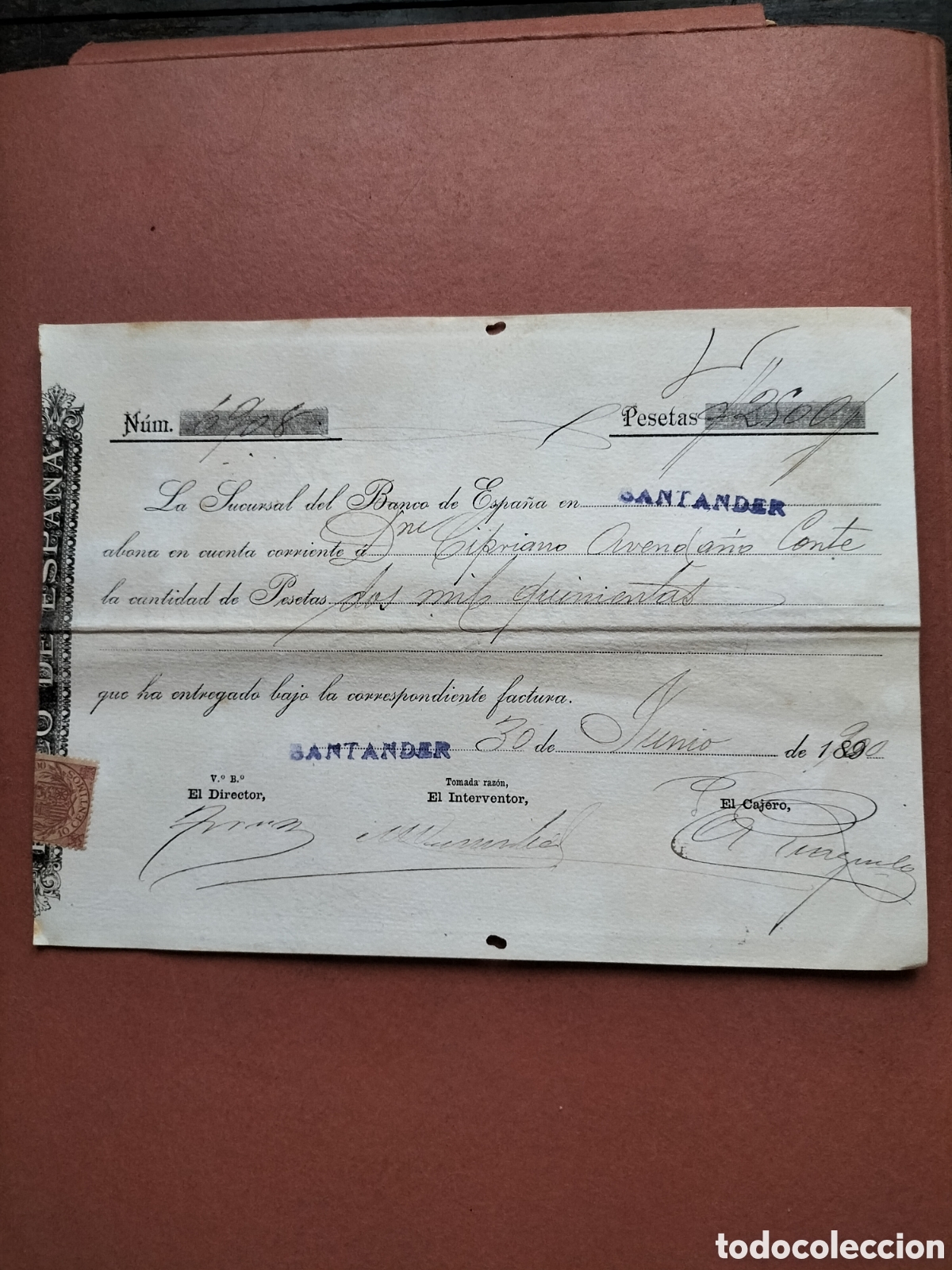 Documentos bancarios: Banco de Espa&ntilde;a en Santander. 2500 ptas. 1900. - Foto 1