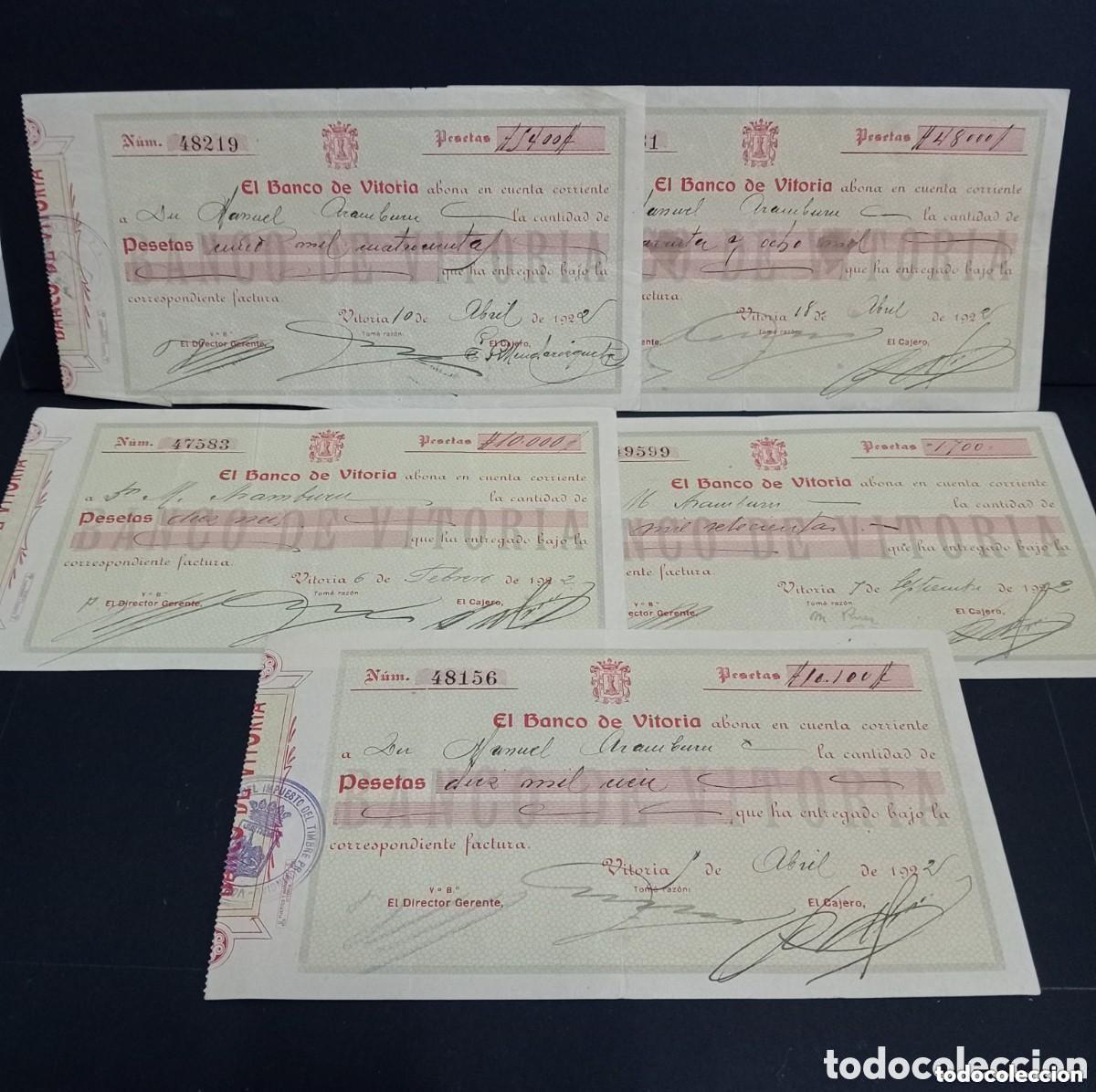 Documentos bancarios: CINCO DOCUMENTOS - ABONO A CUENTA - EL BANCO DE VITORIA. A&Ntilde;O 1922 - Foto 1