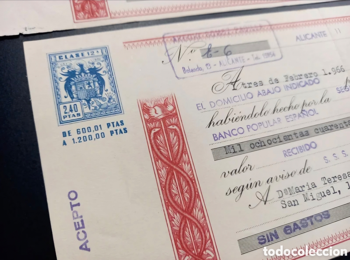 Documentos bancarios: Lote 3 efectos timbrados Banco Popular ca. 1965-66 - Foto 4