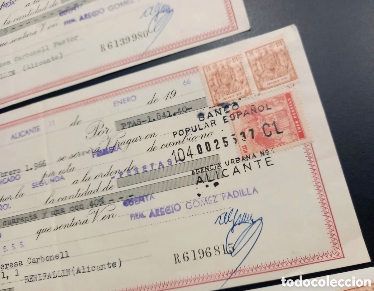 Documentos bancarios: Lote 3 efectos timbrados Banco Popular ca. 1965-66 - Foto 5