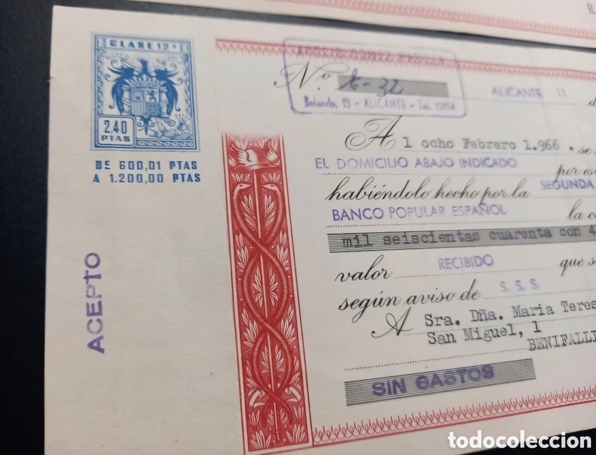 Documentos bancarios: Lote 3 efectos timbrados Banco Popular ca. 1965-66 - Foto 6